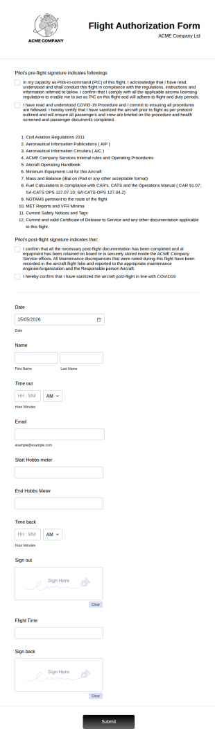 Flight Authorization Form Template