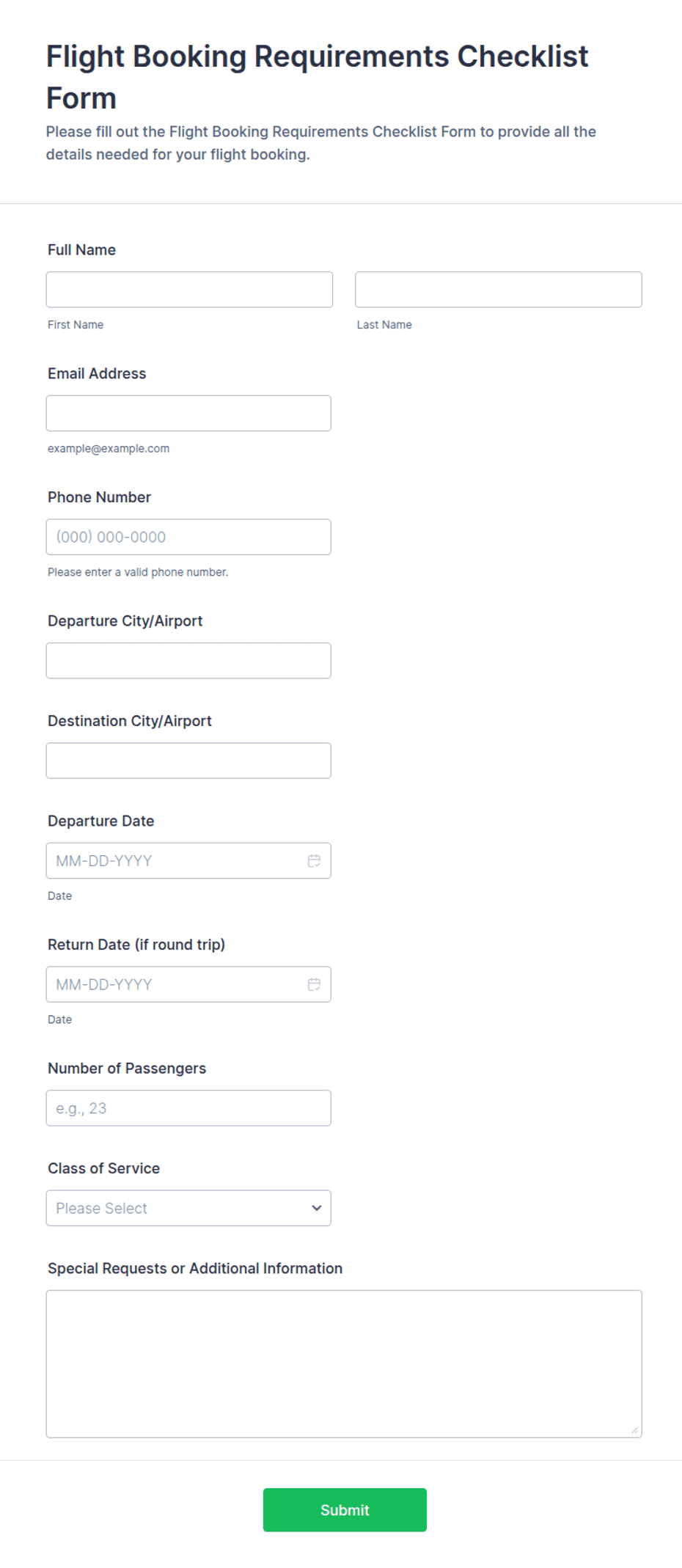 Flight Booking Requirements Checklist Form Template | Jotform