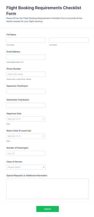 Flight Booking Requirements Checklist Form Template
