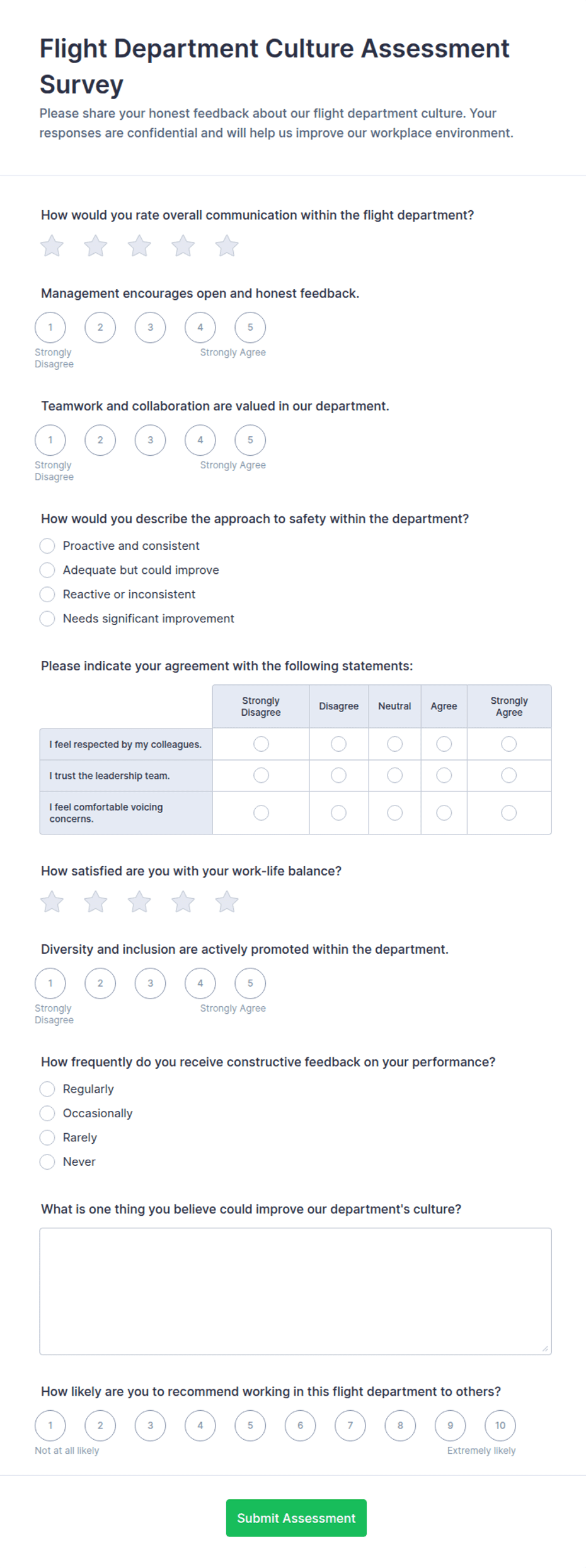 Flight Department Culture Assessment Survey Form Template | Jotform