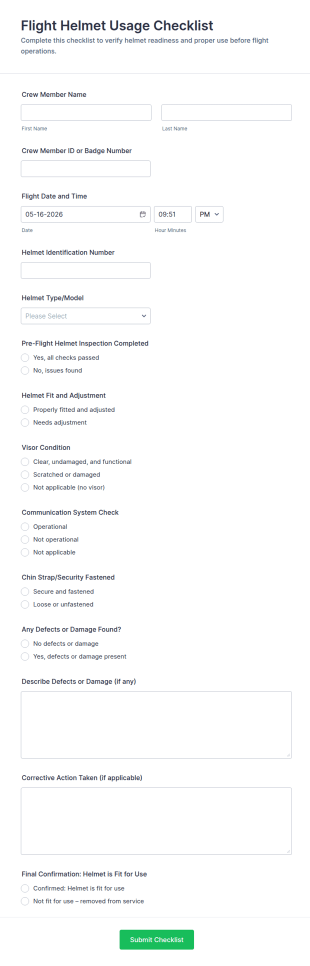 Flight Helmet Usage Checklist Form Template