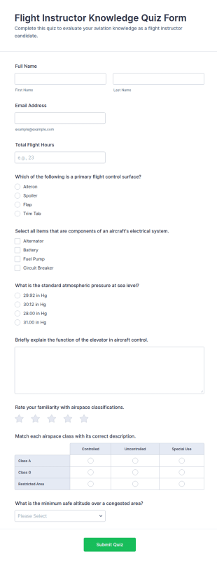 Flight Instructor Knowledge Quiz Form Template