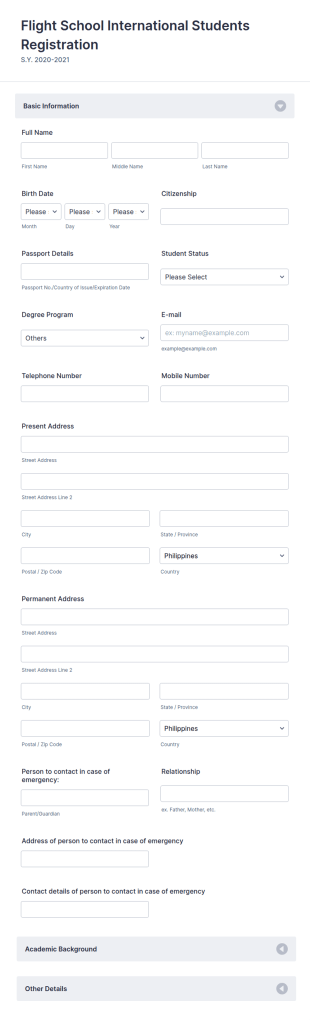 Flight School Student Registration Form Template
