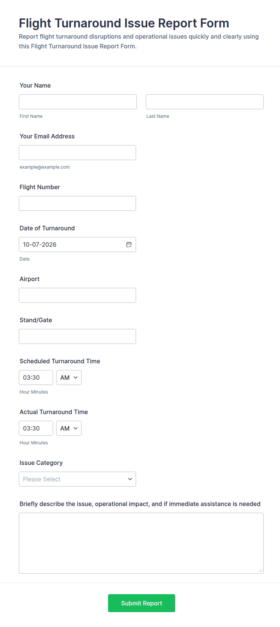 Flight Turnaround Issue Report Form Template | Jotform