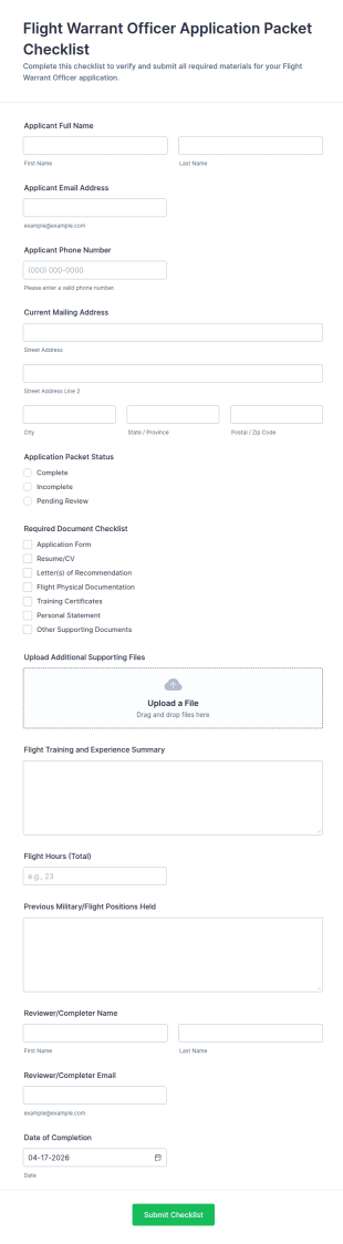Flight Warrant Officer Application Packet Checklist Form Template