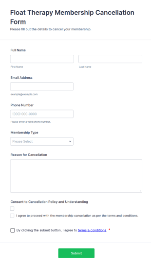Float Therapy Membership Cancellation Form Template