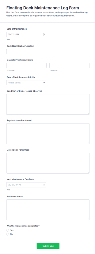 Floating Dock Maintenance Log Form Template