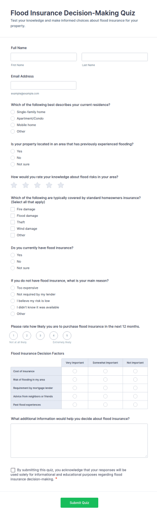 Flood Insurance Decision Making Quiz Form Template