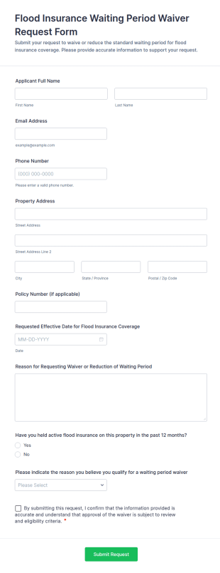 Flood Insurance Waiting Period Waiver Request Form Template