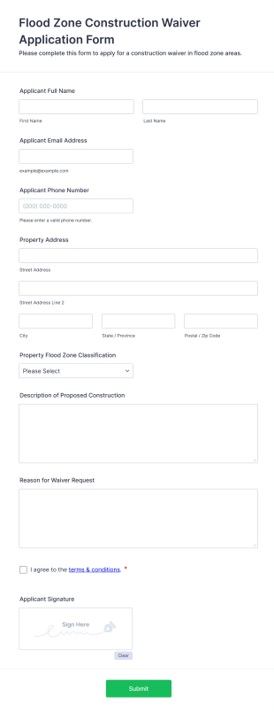 Flood Zone Construction Waiver Application Form Form Template