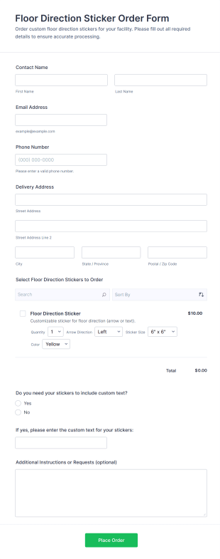 Floor Direction Sticker Order Form Template