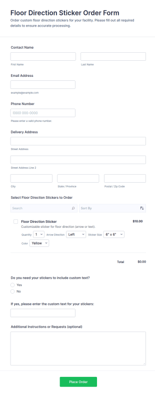 Floor Direction Sticker Order Form Template