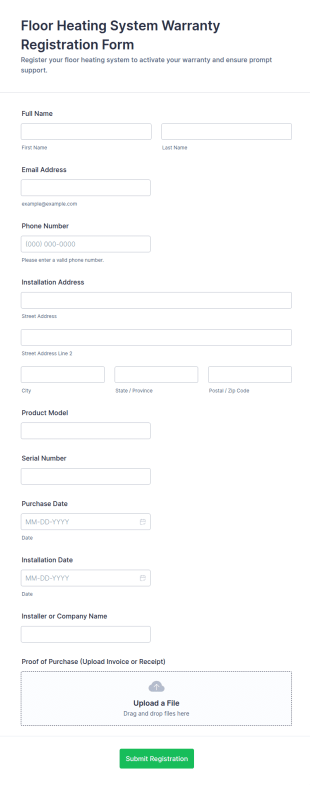 Floor Heating System Warranty Registration Form Template