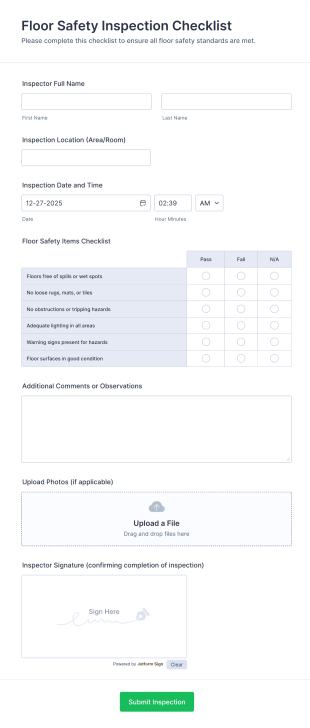 Floor Safety Inspection Checklist Form Template