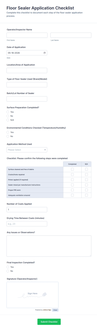 Floor Sealer Application Checklist Form Template