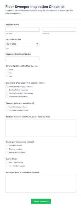 Floor Sweeper Inspection Checklist Form Template