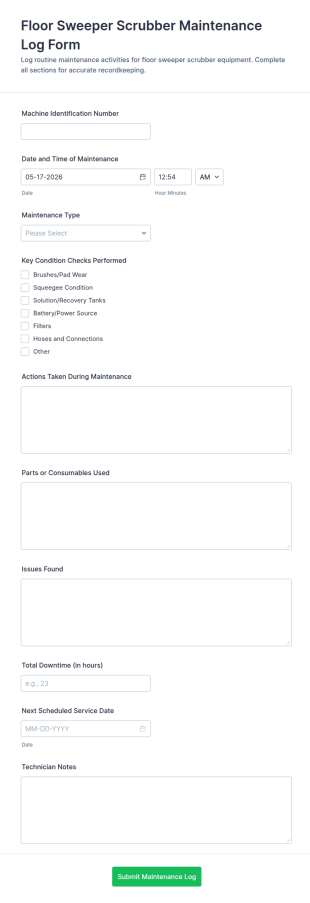 Floor Sweeper Scrubber Maintenance Log Form Template
