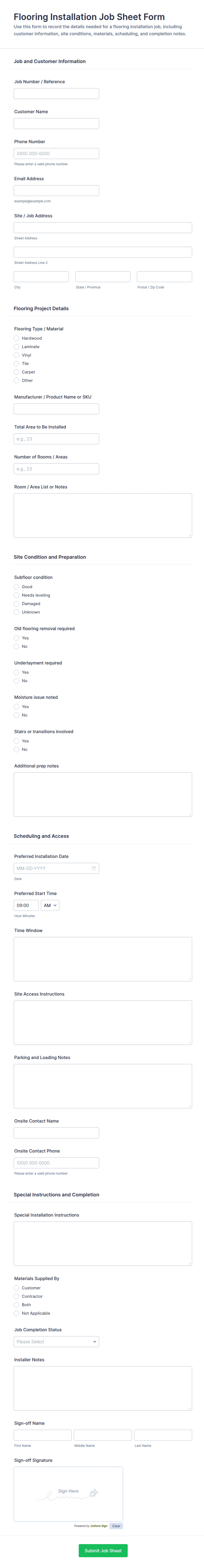 Flooring Installation Job Sheet Form Template | Jotform
