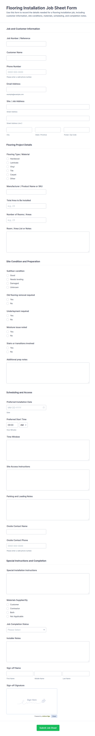 Flooring Installation Job Sheet Form Template