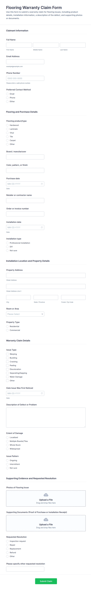 Flooring Warranty Claim Form Template