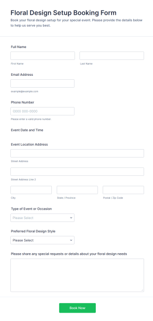 Floral Design Setup Booking Form Template
