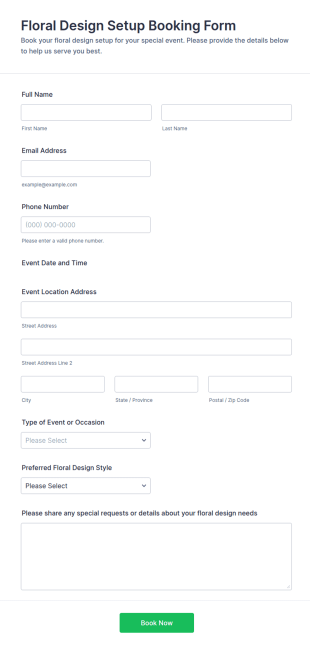 Floral Design Setup Booking Form Template