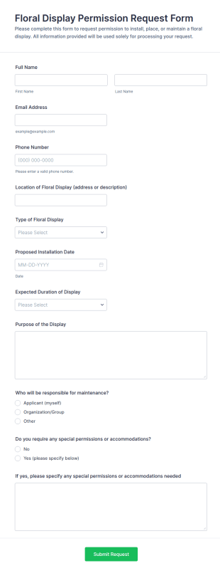 Floral Display Permission Request Form Template