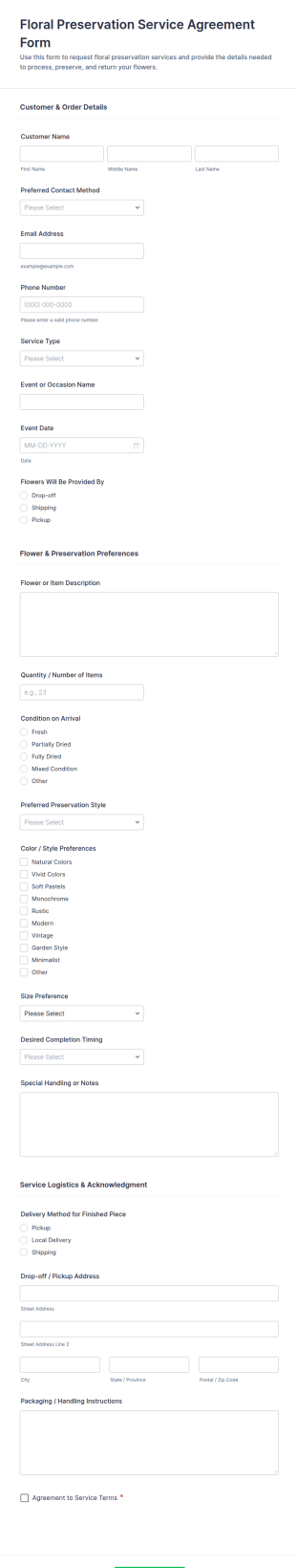 Floral Preservation Service Agreement Form Template