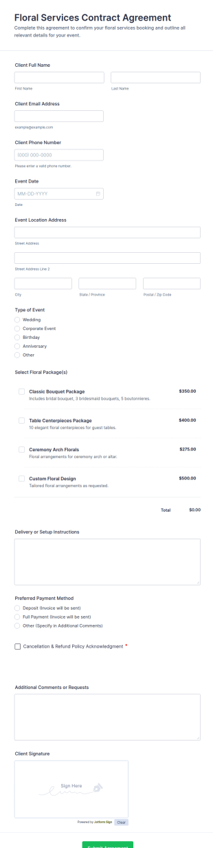 Floral Services Contract Agreement Form Template