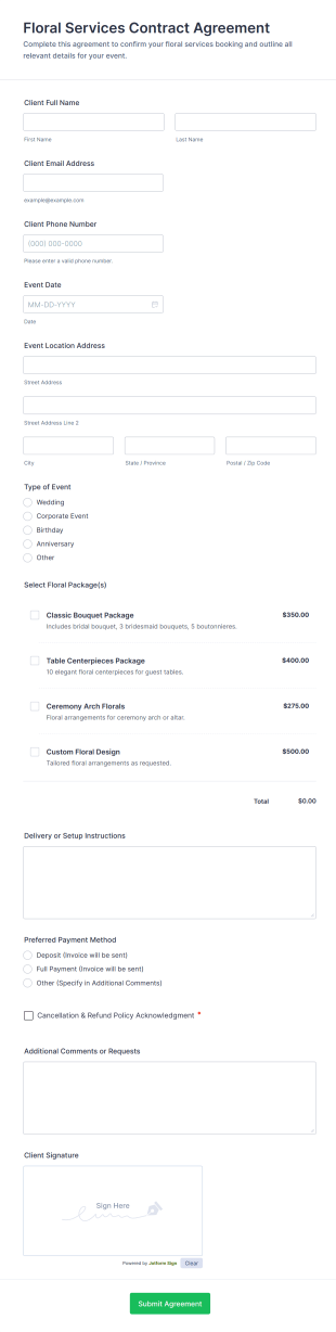 Floral Services Contract Agreement Form Template