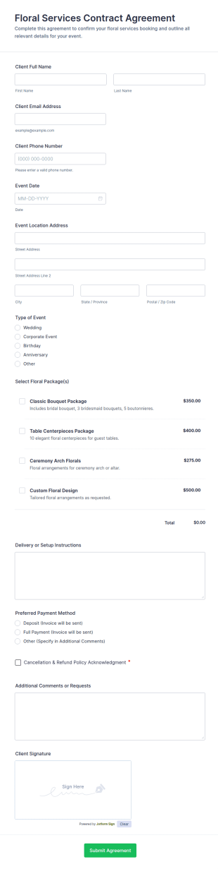 Floral Services Contract Agreement Form Template