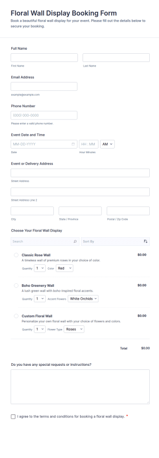 Floral Wall Display Booking Form Template