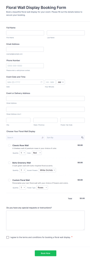 Floral Wall Display Booking Form Template