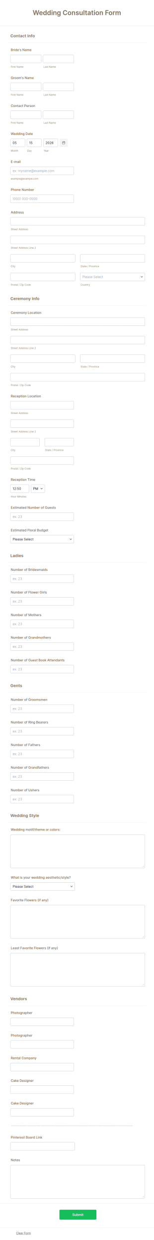 Wedding Consultation Form Template