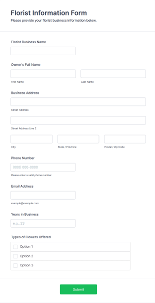 Florist Information Form Template