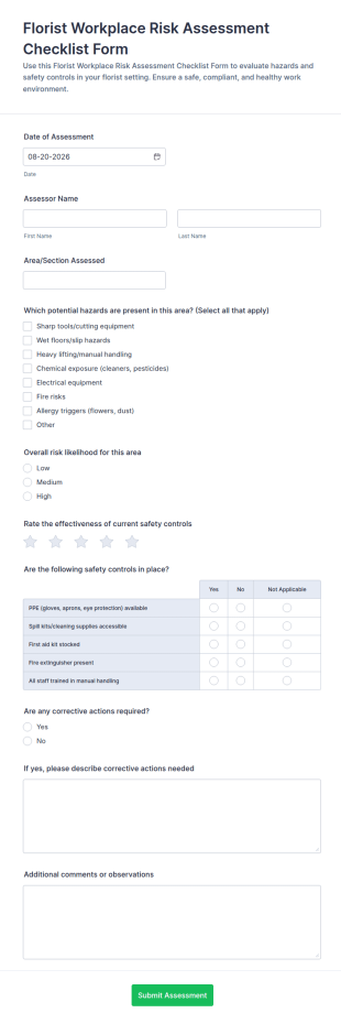 Florist Workplace Risk Assessment Form Template