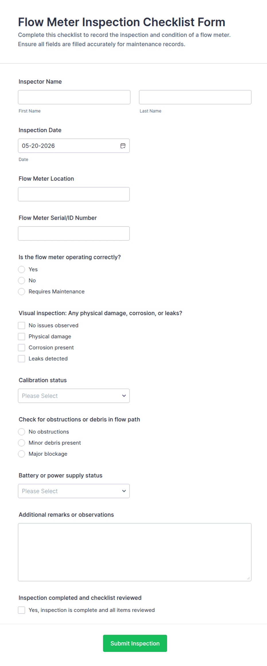 Flow Meter Inspection Checklist Form Template | Jotform