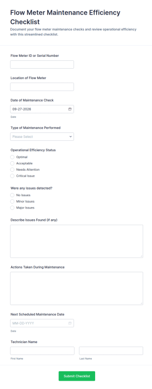 Flow Meter Maintenance Efficiency Checklist Form Template