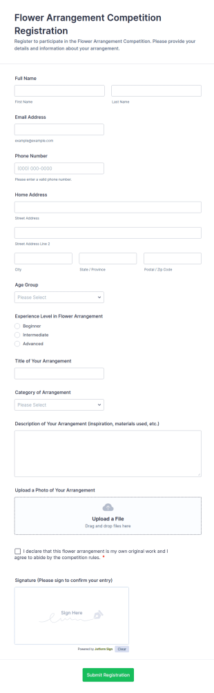 Flower Arrangement Competition Registration Form Template