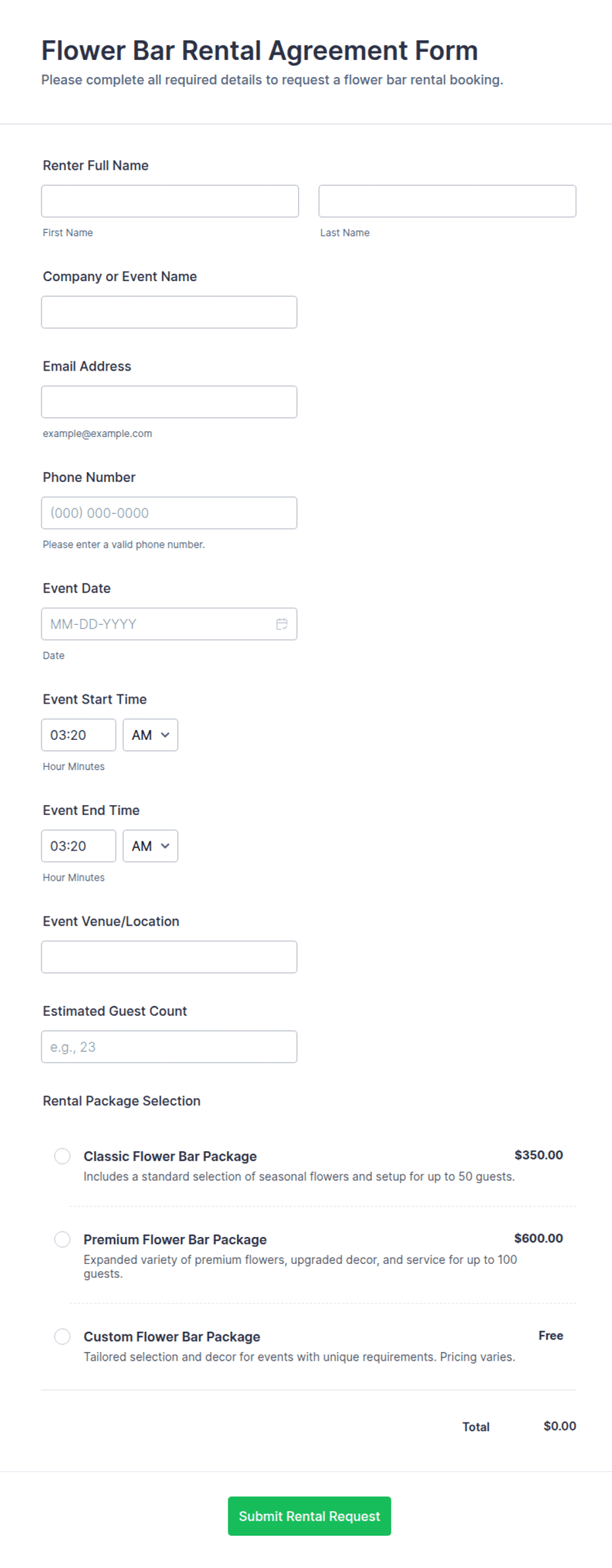 Flower Bar Rental Agreement Form Template | Jotform