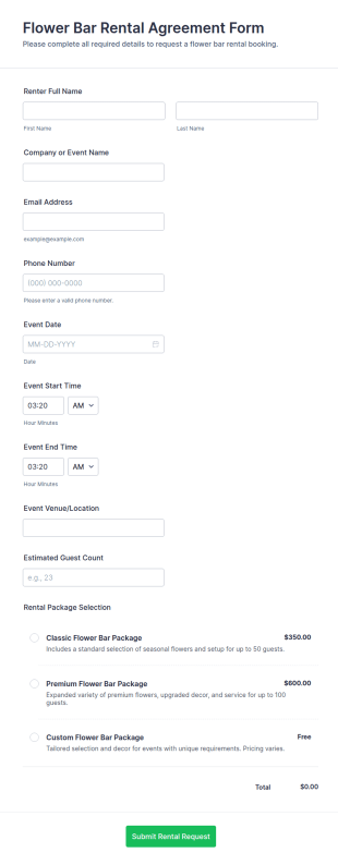 Flower Bar Rental Agreement Form Template