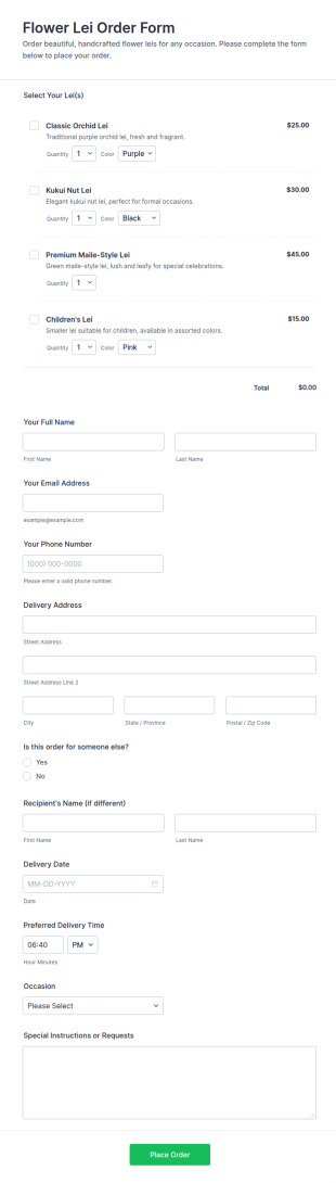 Flower Lei Order Form Template