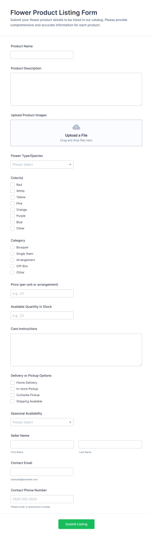 Flower Product Listing Form Template