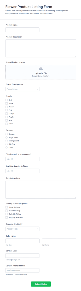 Flower Product Listing Form Template