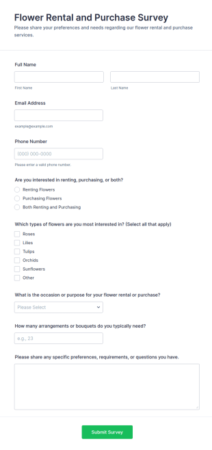 Flower Rental And Purchase Survey Form Template