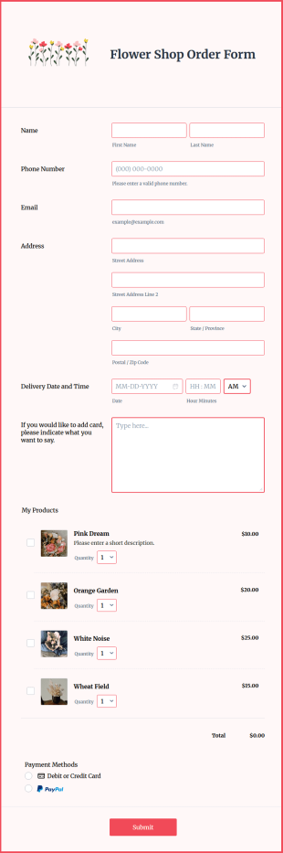 Flower Shop Order Form Template