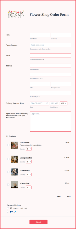 Flower Shop Order Form Template