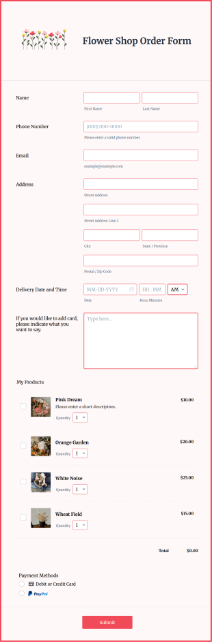 Flower Shop Order Form Template