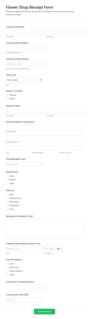 Flower Shop Receipt Form Template