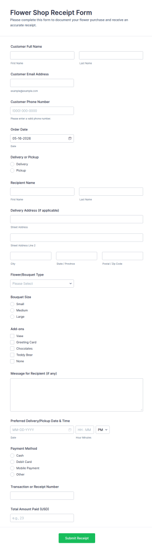 Flower Shop Receipt Form Template